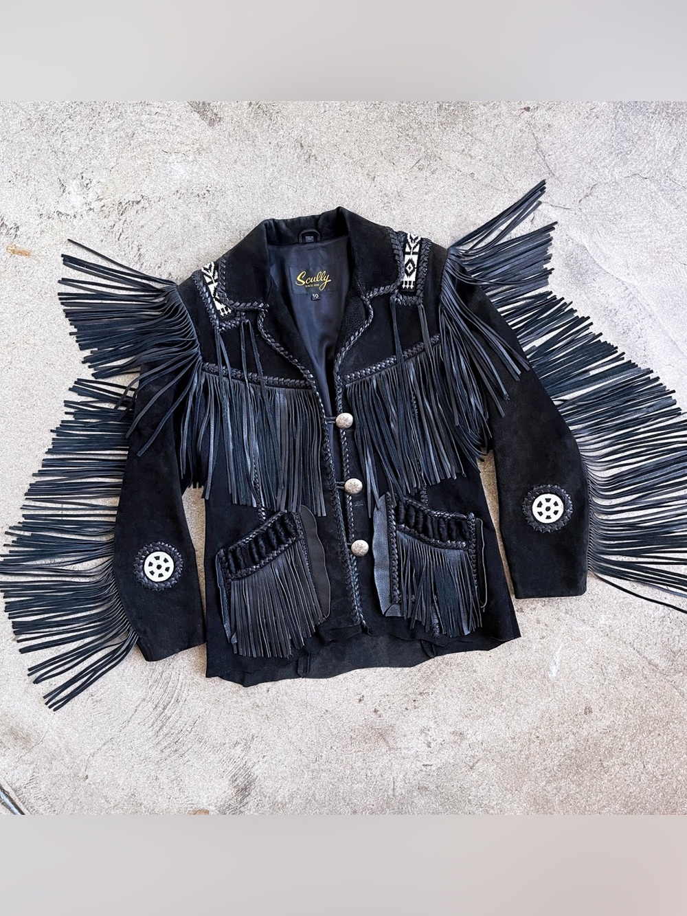 Scully Black Suede Fringe Western Jacket with Concho Buttons